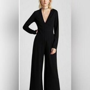 NWT Zara Woman Black Crepe V Neck Long Sleeve Wide Leg Jumpsuit Medium